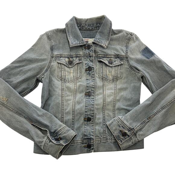 Abercrombie & Fitch Denim Trucker Jacket Womens Large Blue Cotton Distressed Y2K - Picture 1 of 7